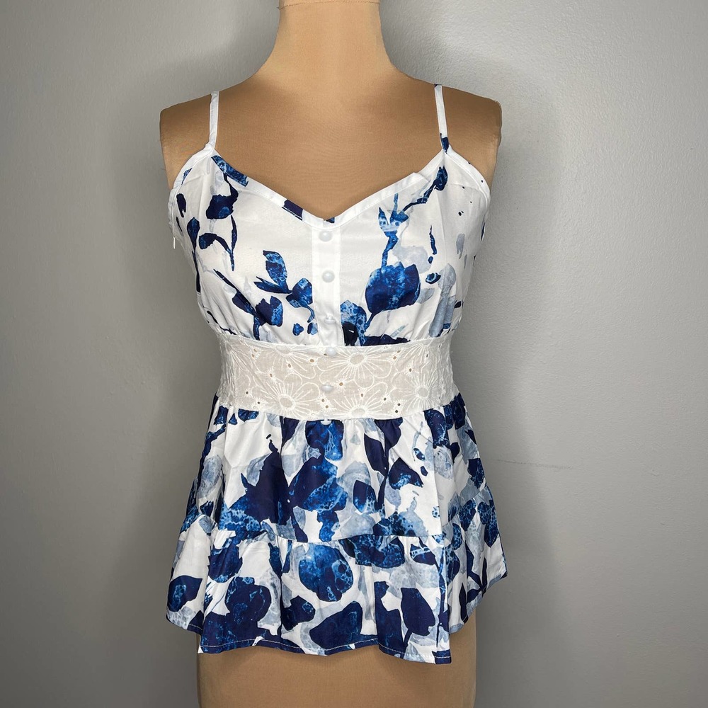 Babydoll Boho Lace Ruffle Blue Floral Cami Adjustable Strap Tank Top Camisole